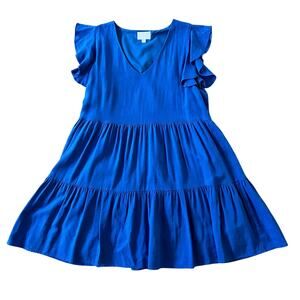 Sugarlips Linen Blend Blue Blouse Tiered Flutter Sleeve Small Tunic Royal